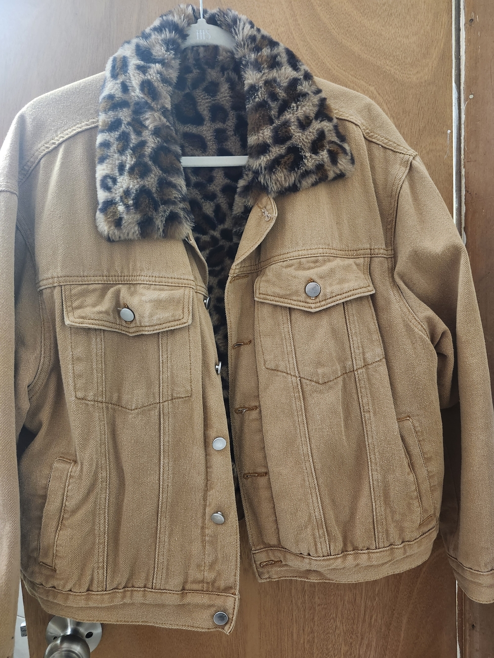 SHEIN Tan Bomber Jacket with Leopard Faux-Fur Collar